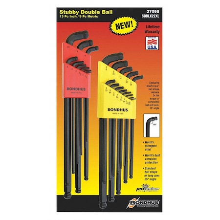 Set Of 22 Stubby Double Ball End L-Wrenches XL Double Pk